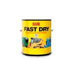 Esmalte Fast Dry blanco brillante superior Sur, envase metálico amarillo con imágenes de maquinaria pesada