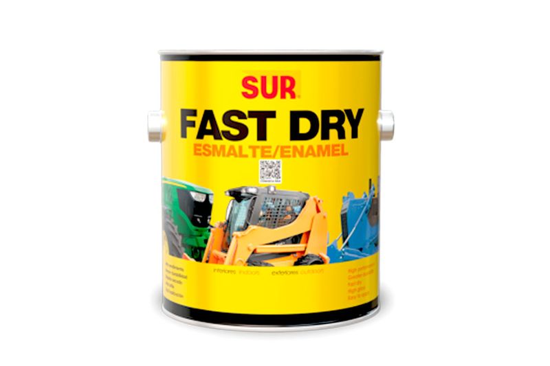 Esmalte Fast Dry blanco brillante superior Sur, envase metálico amarillo con imágenes de maquinaria pesada