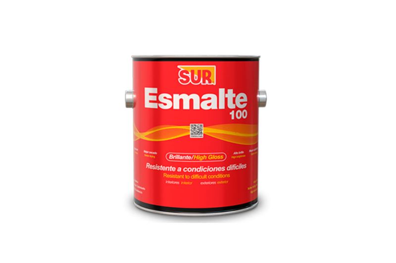 Base esmalte 100 transparente brillante Sur, envase metálico cilíndrico de color rojo con etiqueta blanca y amarilla