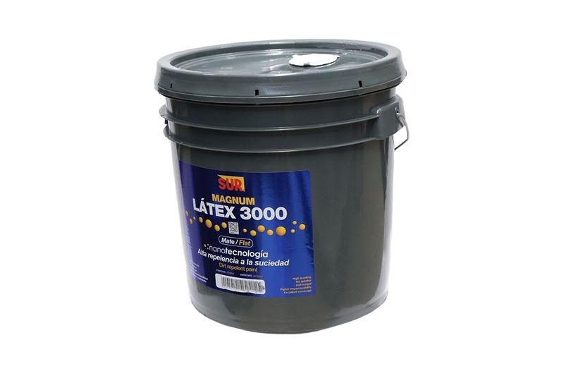 Base látex 3000 Sur cubeta media mate estándar, vista frontal del envase plástico gris con etiqueta azul y amarilla