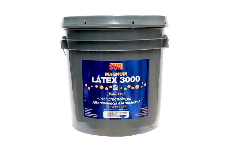 Base látex 3000 Sur cubeta media mate estándar, vista frontal del envase gris con etiqueta azul y amarilla