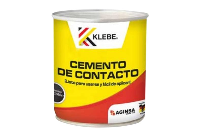Pegamento cemento de contacto amarillo Klebe, envase metálico cilíndrico con etiqueta amarilla y roja