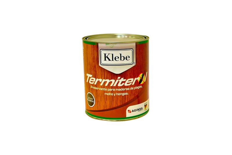 Termiterol pintable para madera Klebe, envase metálico cilíndrico con etiqueta naranja y marrón