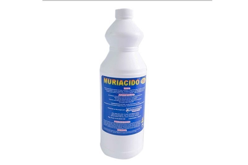 Ácido muriático Futec de 1 litro, botella plástica blanca con etiqueta azul y amarilla