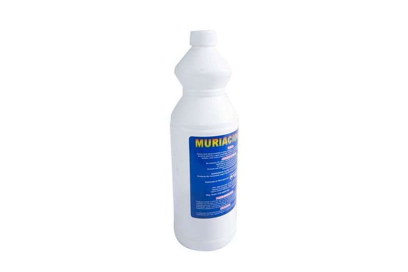 Ácido muriático Futec de 1 litro, botella plástica blanca con etiqueta azul y amarilla, vista frontal