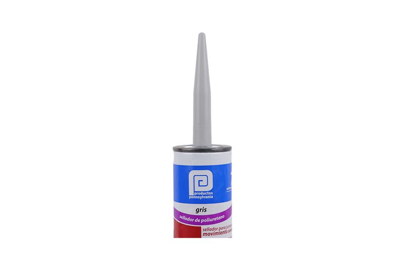 Sellador industrial Pennsylvania 300 ml Duretan gris, vista frontal del cartucho con boquilla cónica gris aplicada