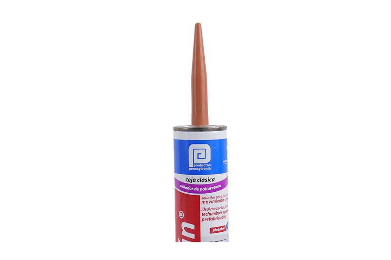 Sellador industrial Pennsylvania de 300 ml Duretán teja clásico, primer plano del cartucho con boquilla aplicada
