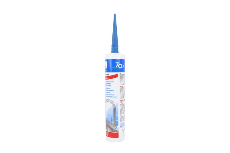 Sellador transparente baños y cocina especial anti hongos Pennsylvania de 280 ml, vista posterior del tubo con instrucciones