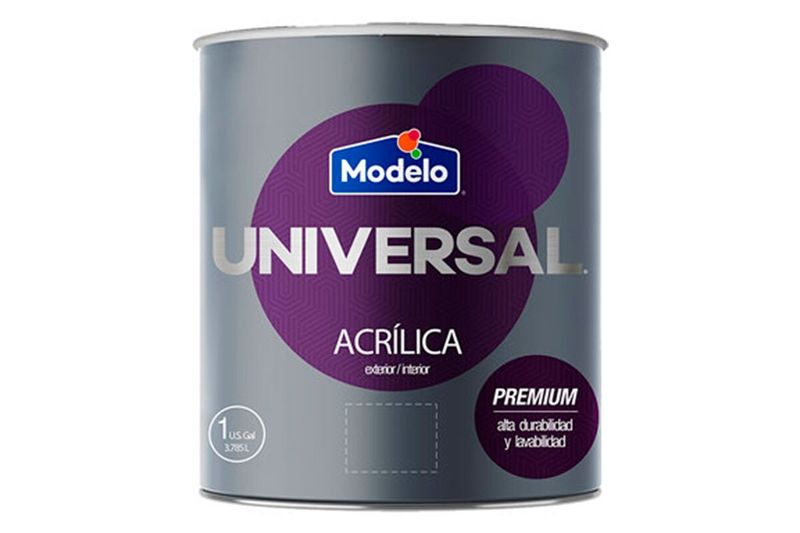 Base látex universal pastel satín Modelo, envase cilíndrico de metal con etiqueta gris y púrpura