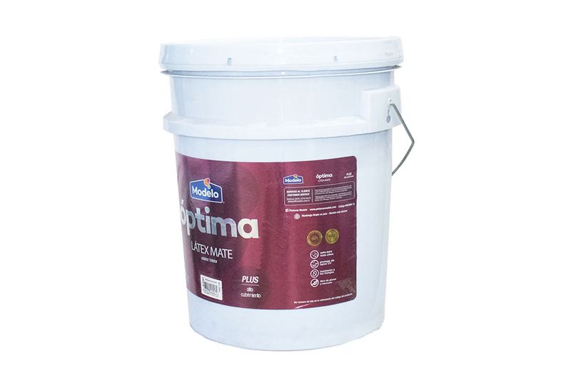 Base látex optima pastel mate Modelo, cubeta blanca con etiqueta color borgoña y detalles técnicos en el costado