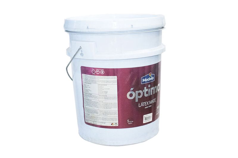 Base látex óptima pastel mate Modelo, cubeta de 5 galones vista desde un ángulo lateral con etiqueta informativa