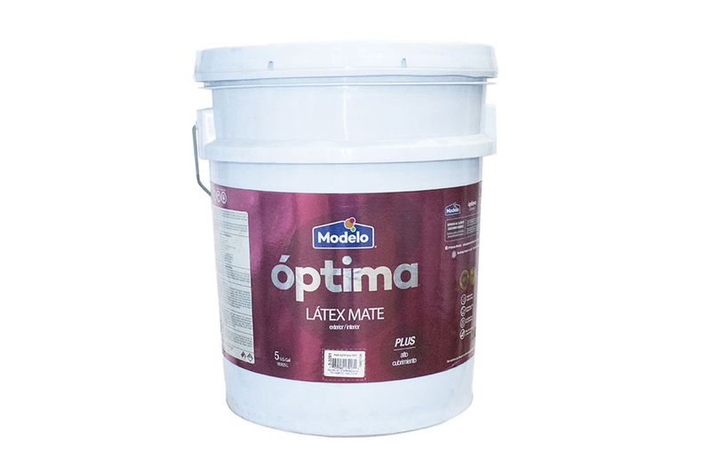 Base látex optima pastel mate Modelo, cubeta blanca con etiqueta color vino y detalles en blanco