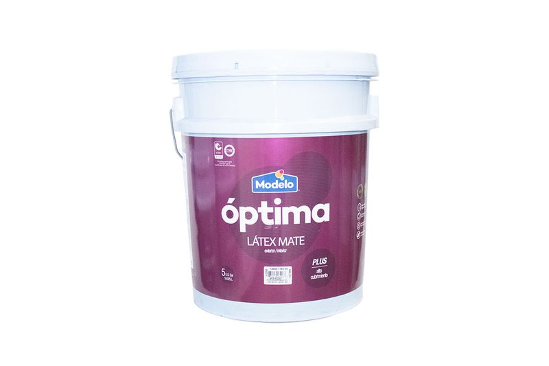 Base látex Optima Accent satinada Modelo, cubeta de 5 galones con etiqueta color púrpura y blanco