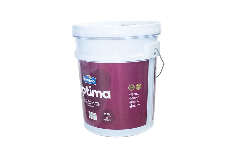 Base látex Optima Accent satinada Modelo, cubeta blanca con etiqueta morada y asa metálica