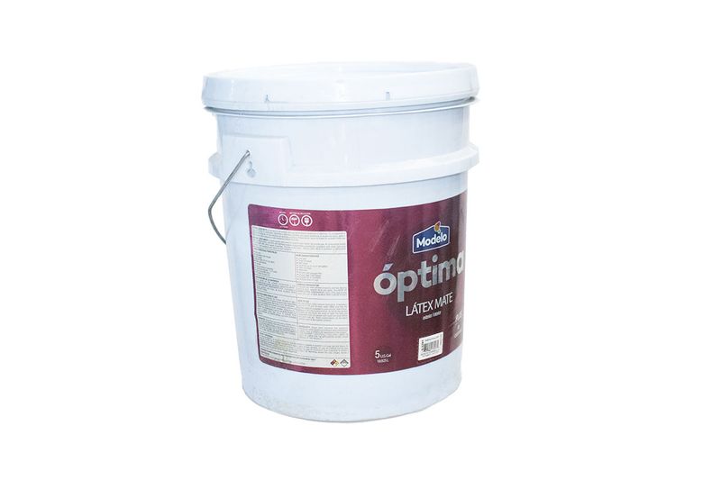 Base látex óptima tint satinada Modelo, vista lateral de la cubeta blanca con etiqueta color vino