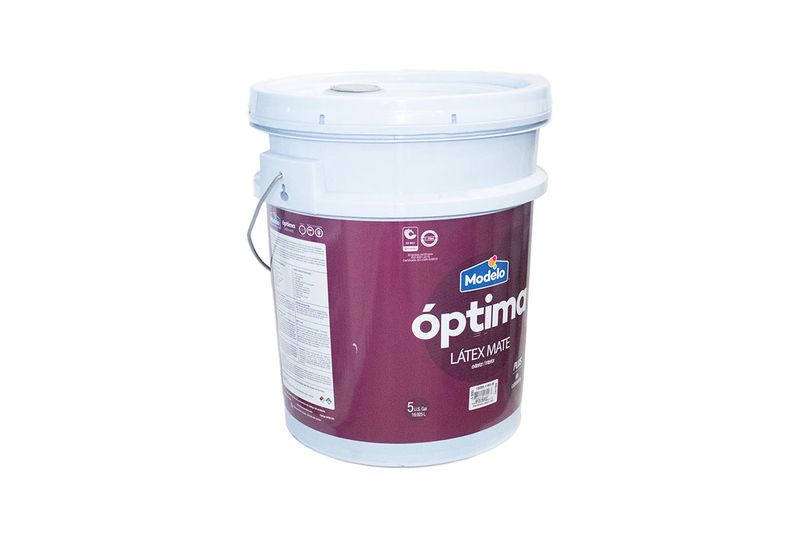 Base látex Optima Accent satinada Modelo, cubeta de 5 galones con etiqueta color vino y tapa blanca