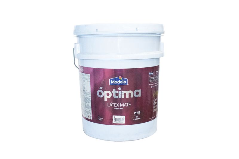 Base látex óptima tint satinada Modelo, cubeta blanca de 5 galones con etiqueta color vino y letras blancas