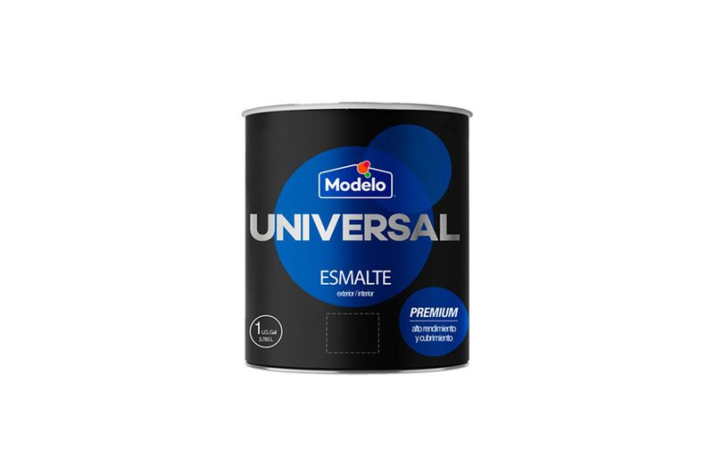 Base esmalte universal deep mate galón Modelo, envase cilíndrico negro con etiqueta azul y blanca