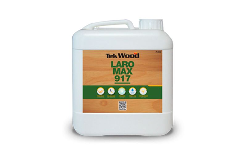 Barniz para madera Laro Max 917 teca oscuro Sur, envase plástico blanco con etiqueta frontal y asa superior