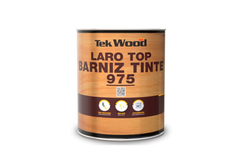 Barniz para madera Laro Top Barniz Tinte 975 natural brillante Sur, envase metálico cilíndrico con etiqueta de madera