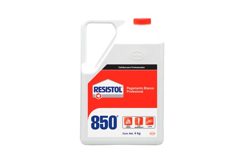 Pegamento blanco para madera de 1 galón Resistol 850, envase plástico blanco con etiqueta roja y tapa roja