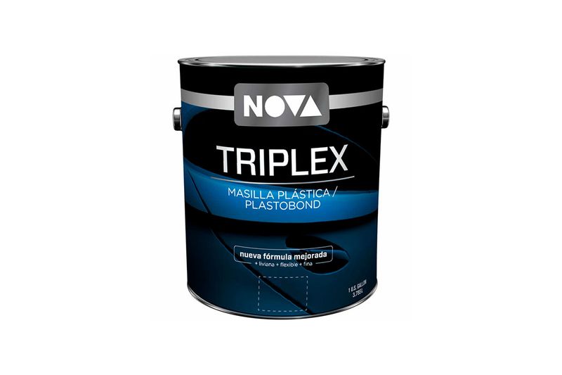 Masilla automotriz Nova Plastobond + catalizador galón, envase metálico negro con etiqueta azul y blanca