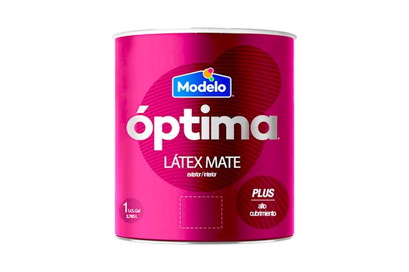 Pintura látex Optima látex mate blanco hueso galón Modelo, envase cilíndrico de color rosa con etiqueta blanca y azul