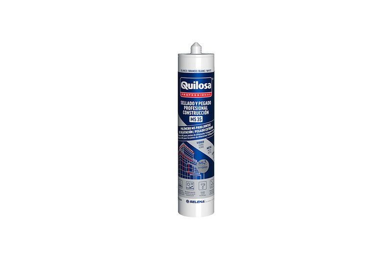 Sellador para construcción Sintex MS-35 gris 300 ml Quilosa, tubo metálico con boquilla blanca y etiqueta azul