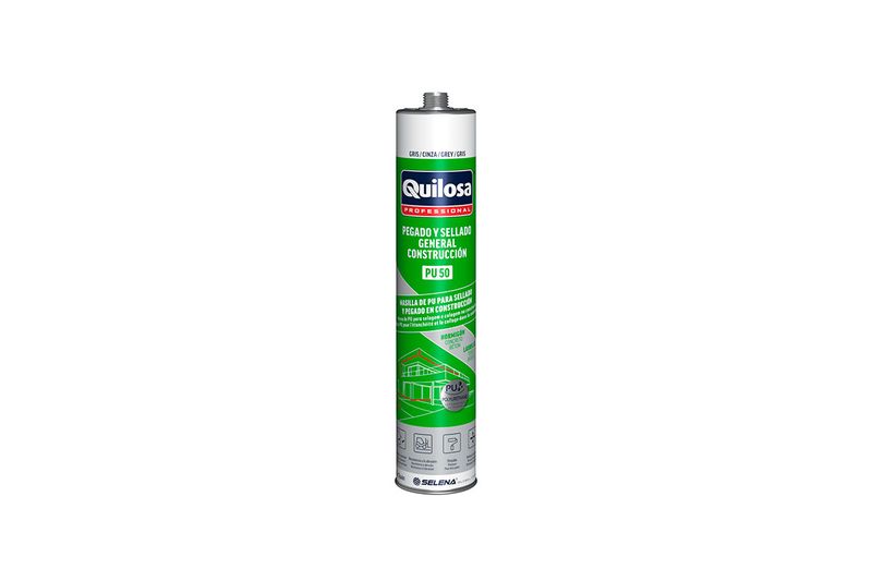 Sellador de poliuretano Sintex PU-50 gris de 300 ml Quilosa, cartucho metálico con etiqueta verde y blanca