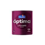 Pintura Óptima látex mate azul celeste galón Modelo, envase metálico de color púrpura con etiqueta frontal