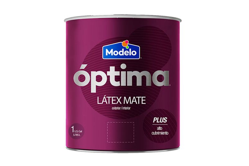 Pintura Óptima látex mate azul celeste galón Modelo, envase metálico de color púrpura con etiqueta frontal