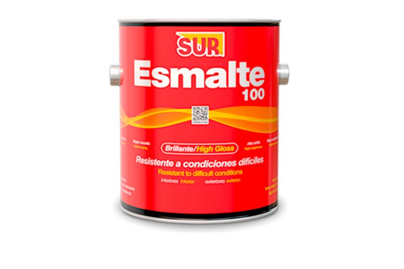 Pintura esmalte 100 verde bosque Sur, envase metálico rojo con etiqueta brillante