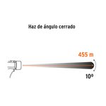 Lámpara recargable 900 lúmenes Truper, gráfico técnico del haz de ángulo cerrado con alcance de 455 m y apertura de 10°
