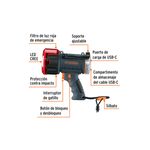 Lámpara recargable 900 lúmenes alta potencia para auto Truper, esquema con flechas indicando sus funciones y componentes