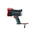 Lámpara recargable de 900 lúmenes alta potencia para auto Truper, vista lateral en color gris con detalles naranjas