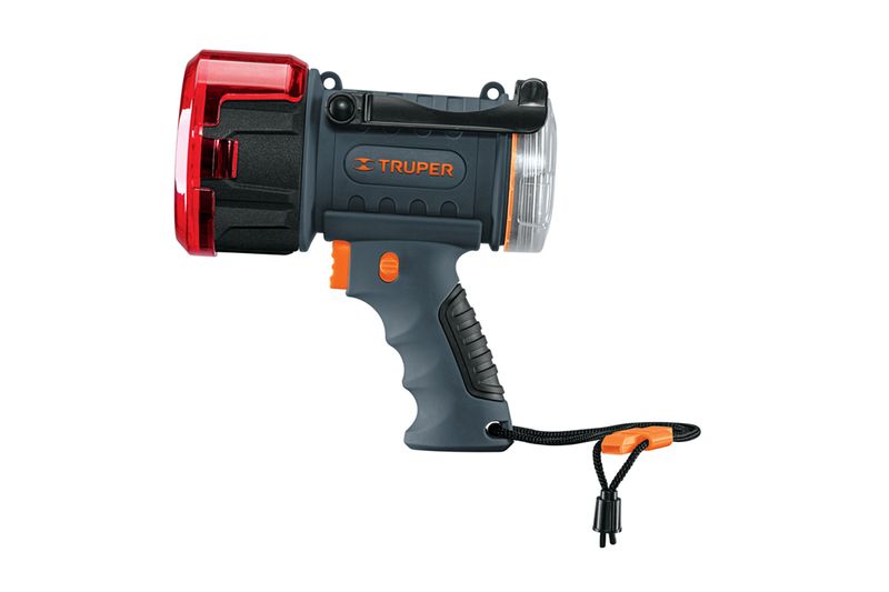 Lámpara recargable de 900 lúmenes alta potencia para auto Truper, vista lateral en color gris con detalles naranjas
