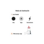 Lámpara recargable 900 lúmenes alta potencia para auto Truper, gráfico de modos de iluminación y filtro de luz roja