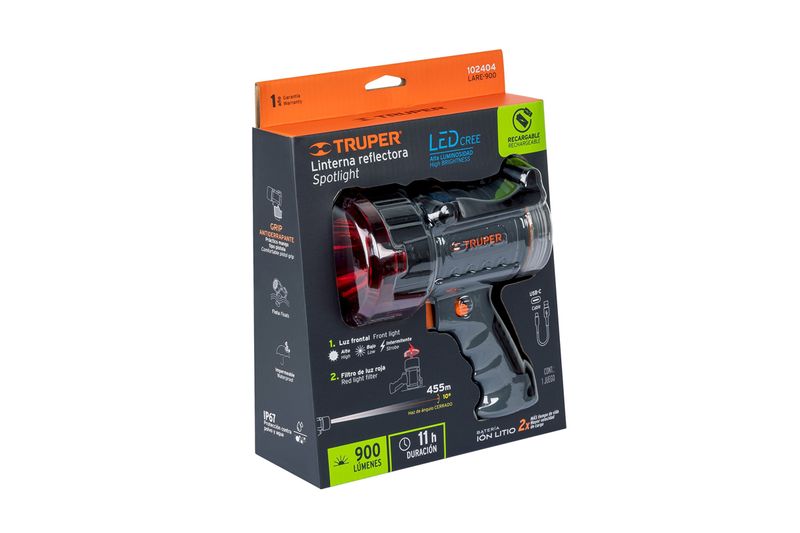 Lámpara recargable 900 lúmenes alta potencia para auto Truper, en su empaque con detalles técnicos y color negro