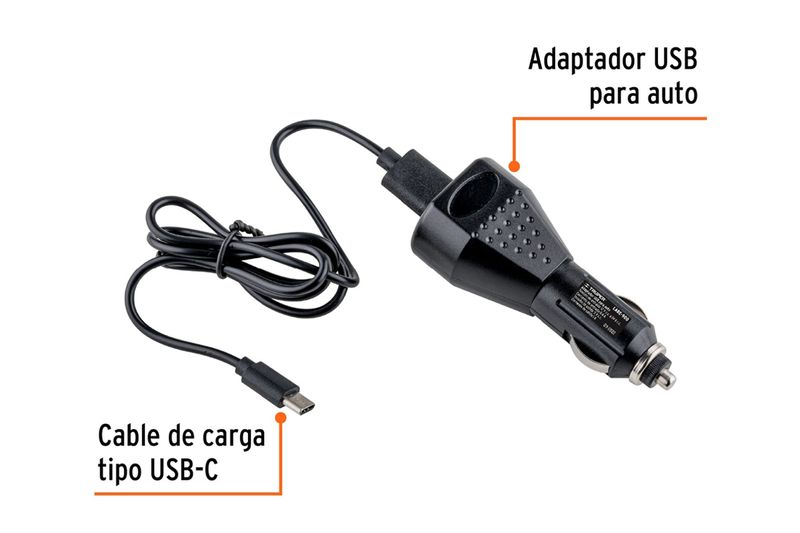 Lámpara recargable 900 lúmenes alta potencia para auto Truper, adaptador USB para auto y cable de carga tipo USB-C