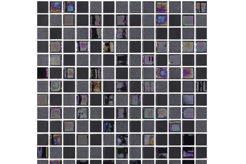 Malla 25 x 25 Tokyo poliuretano Togama, vista frontal de mosaicos vítreos en tonos gris oscuro y negro con reflejos