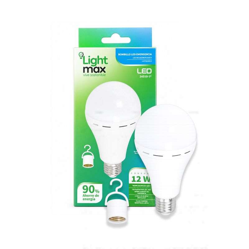 Bombillo LED de emergencia E27 12 W 100-240 V 6500 K LightMax, junto a su empaque verde y blanco y un adaptador