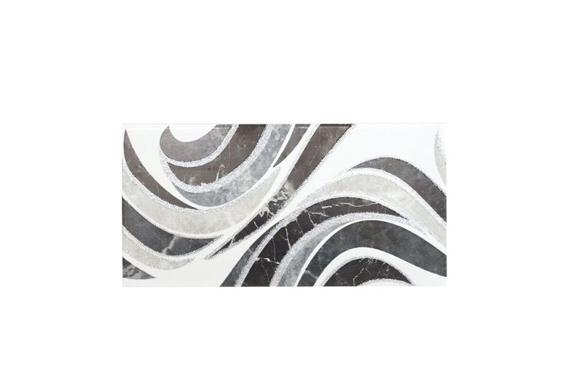 Cenefa decorativa 15x30 Nova blanco negro baño Estudio Cerámico, vista frontal del diseño con ondas y vetas grises