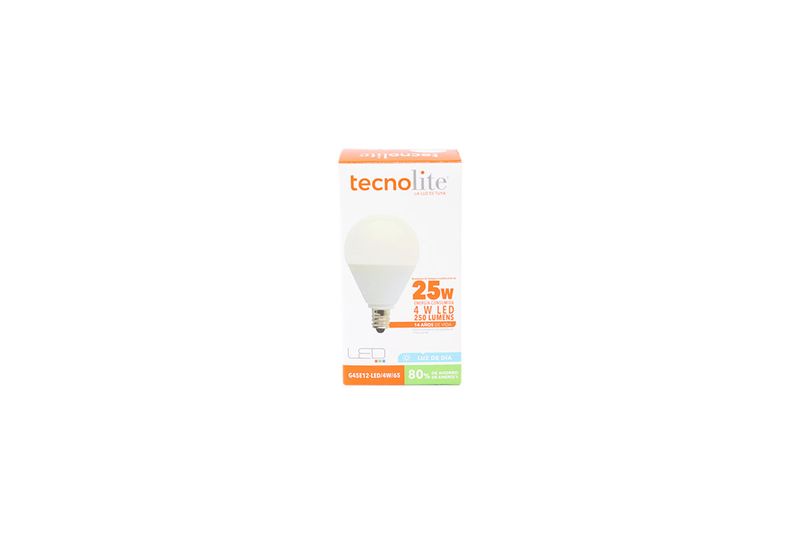 Bombillo LED E12 4 W 250 lm 6500 K 15 000 h G45E12-LED/4W/65 blanco Tecnolite, en su empaque de cartón blanco y naranja