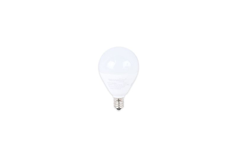 Bombillo LED E12 4 W 250 lm 6500 K 15 000 h blanco Tecnolite, vista frontal del foco con base metálica y globo blanco