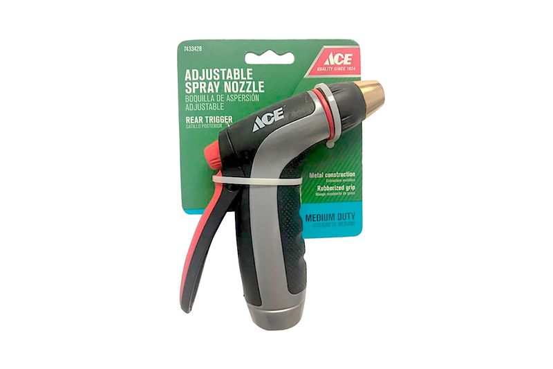 Pistola para manguera Ace, vista lateral del producto en su empaque con gatillo rojo y cuerpo negro
