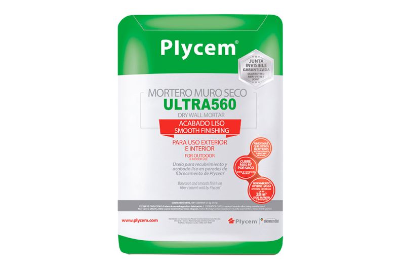 Mortero Plyrock acabado liso DR 560 de 25 kg Plycem, saco blanco y verde con texto descriptivo en el centro