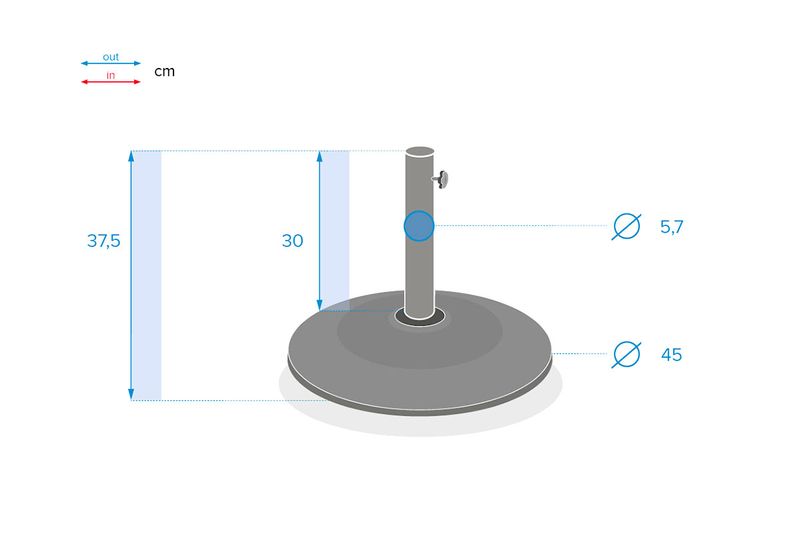 Base de sombrilla Dailio gris Hespéride, gráfico con medidas de altura y diámetros en centímetros