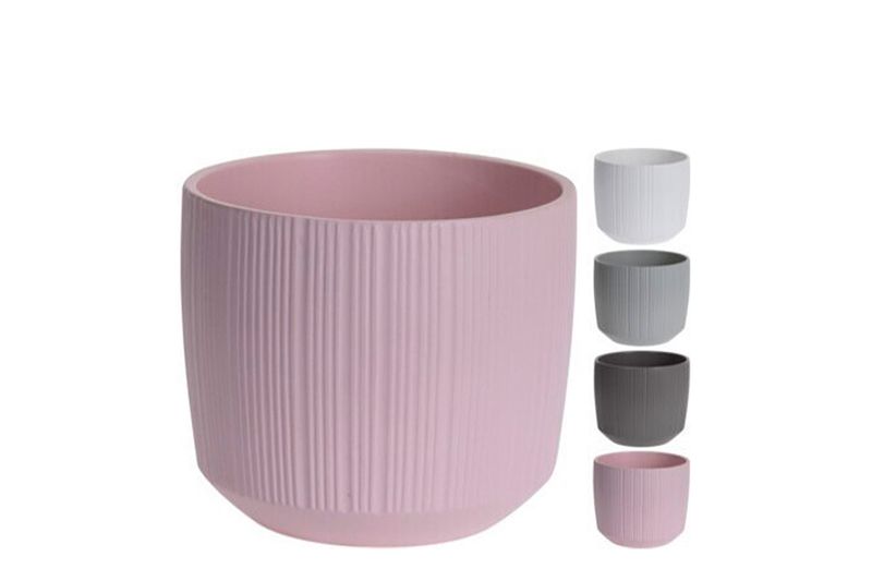 Macetera cerámica redonda de 15 cm colores varios Koopman, vista frontal de maceta rosa con opciones en blanco y grises