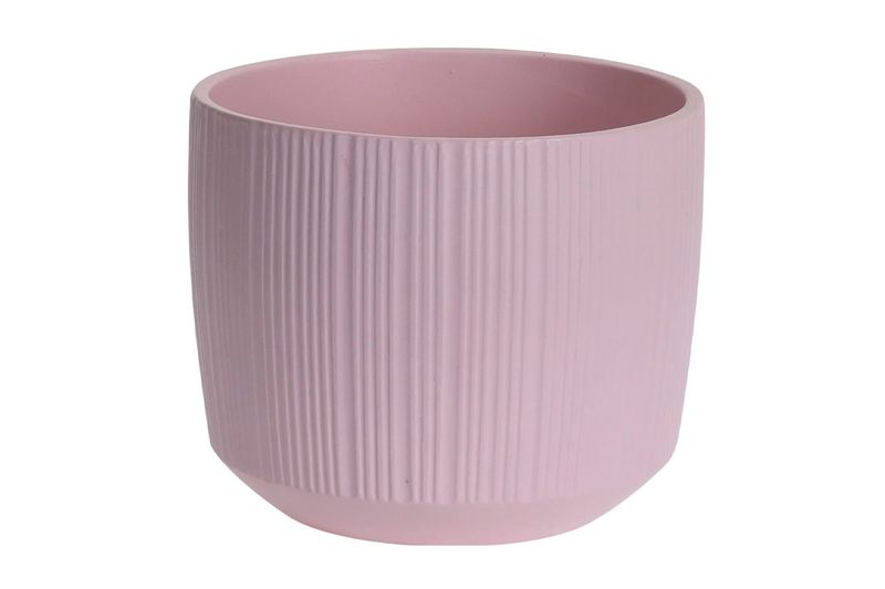 Macetera cerámica redonda 15 cm colores varios Koopman, color rosa con textura de líneas verticales en relieve