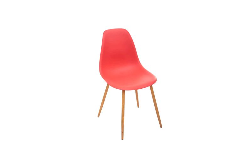 Silla Taho coral Atmosphera, vista diagonal del asiento rojo con patas de madera clara